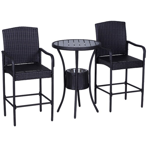 3 Pieces Rattan Wicker Bar Set with Ice Buckets，1 Bar Table and 2 Bar Stools for Poolside，Backyard，Porches