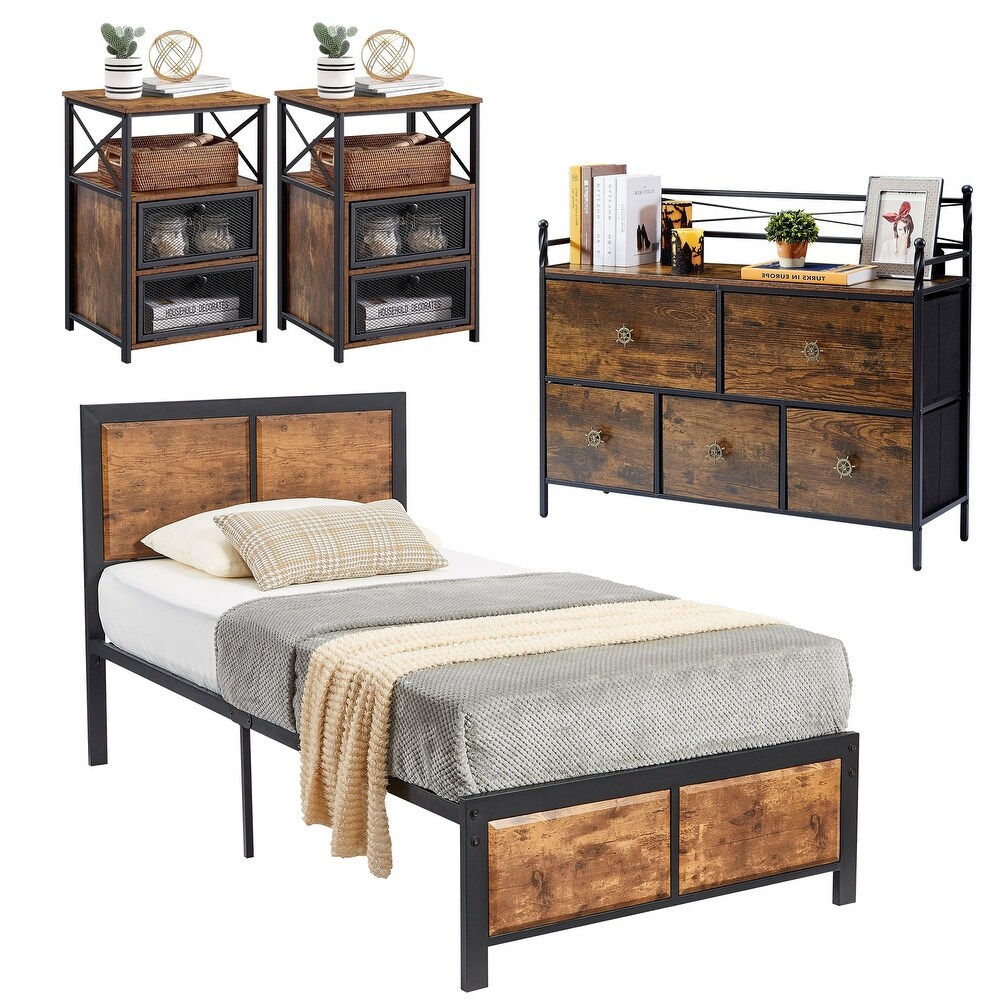 VECELO 4 Pieces Bedroom Set with Drawer and Nightstands Set of 2  Brown/Grey Set