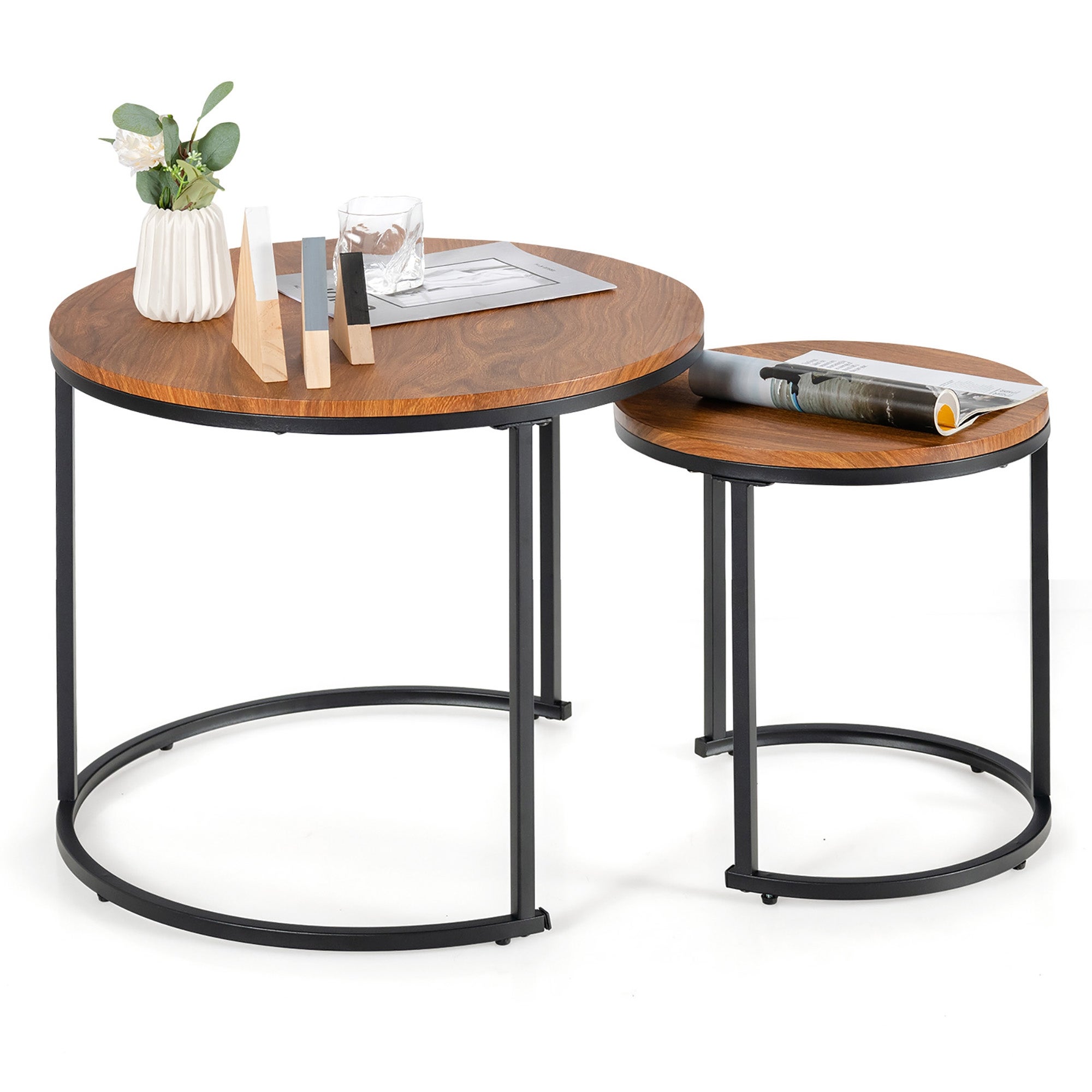 Set of 2 Nesting Coffee Table Stacking Round Side Tables