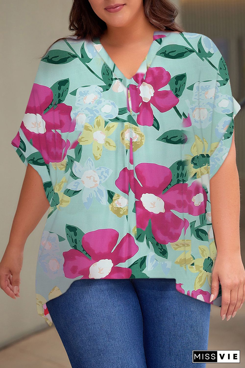 Green Floral V Neck Half Sleeve Plus Size Blouse