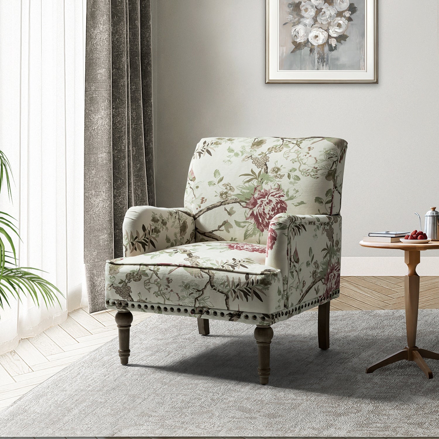 Geltrude Traditonal Floral Fabric Design Upholstered Accent Armchair with Turned Legs by HULALA HOME