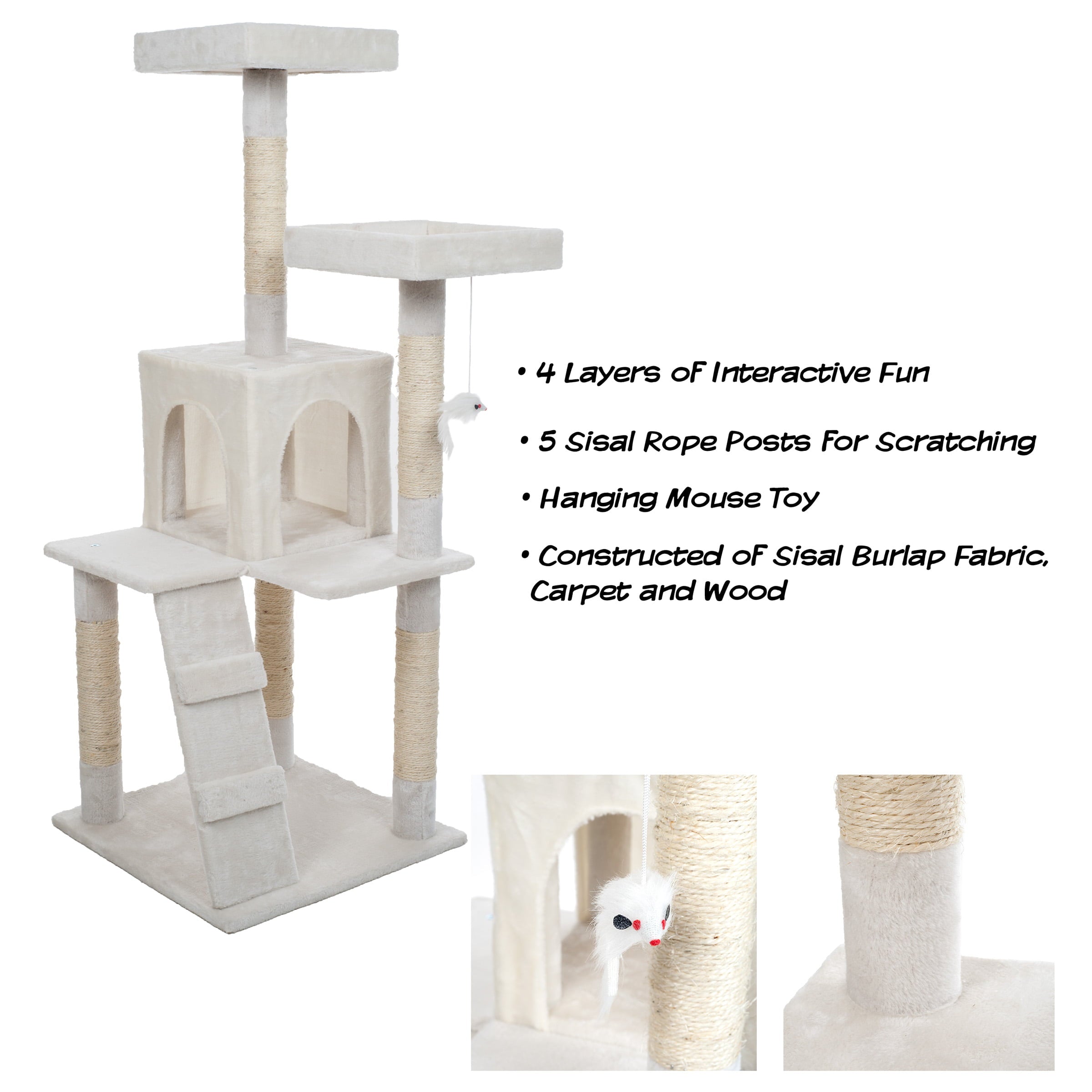 4-Tier Cat Tower with Napping Perches， Cat Condo， Ladder， 5 Sisal Rope Scratching Posts， Hanging Toy – Cat Tree for Indoor Cats by Petmaker (White)