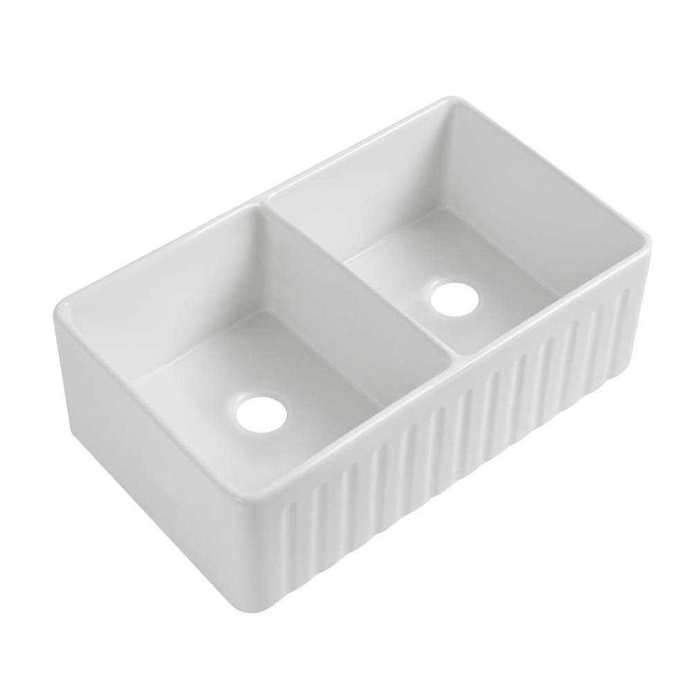 JimsMaison White Fireclay 33 in. Double Bowl Farmhouse Apron Kitchen Sink with Bottom Grid JMWAKS23-3320