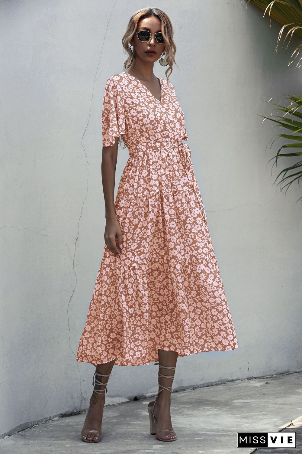 Summer Elegant V-neck Cross Belt Sexy Beach Long Dress Women Print Flowers Polka-dot Strap Ladies Boho Dress Women Vestidos