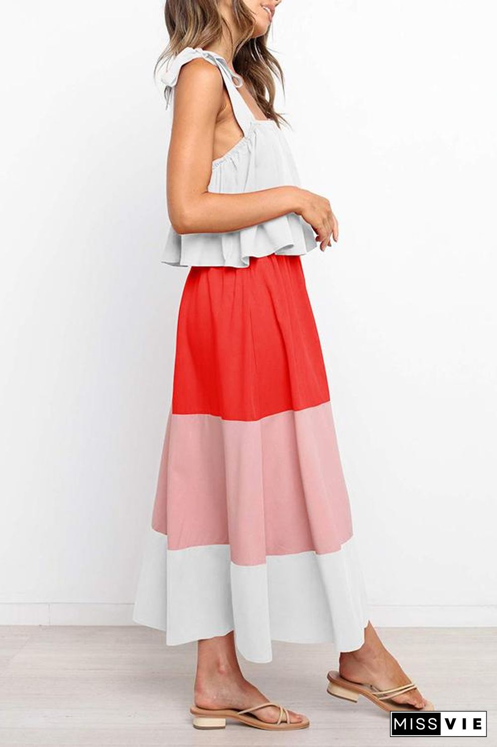 Lace-up Ruffled Colorblock Maxi Dress P13032