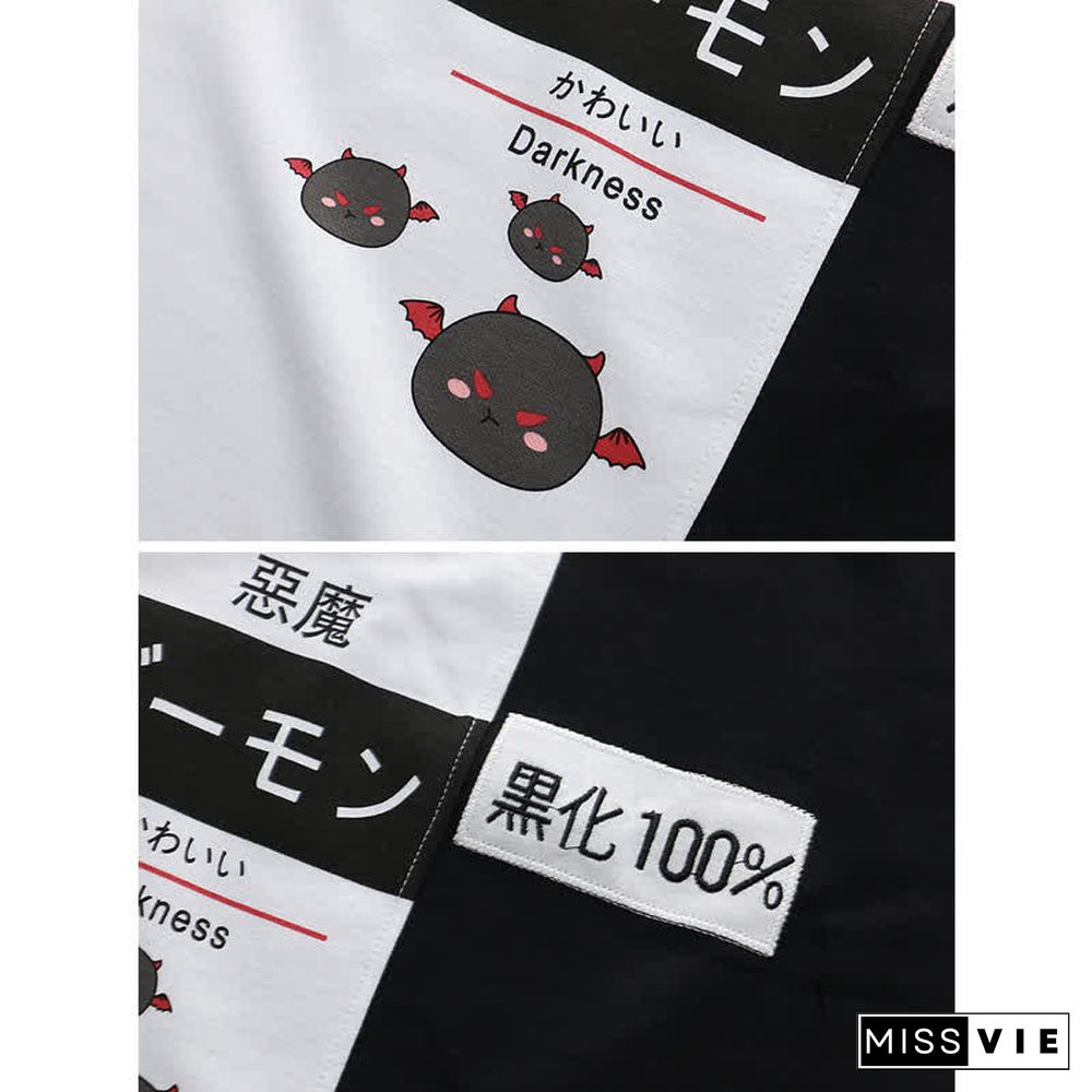 Devil Letter Print Colorblock Hooded T-Shirt Puppy Print Shorts