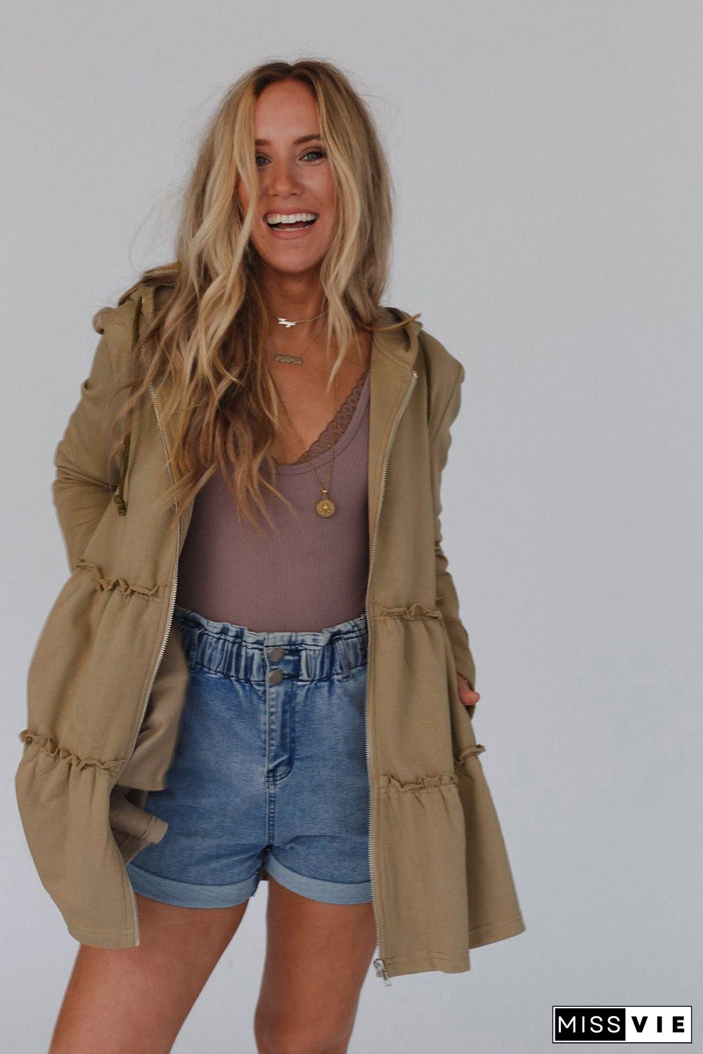 Khaki Tiered Ruffled Zip-Up Drawstring Hooded Jacket