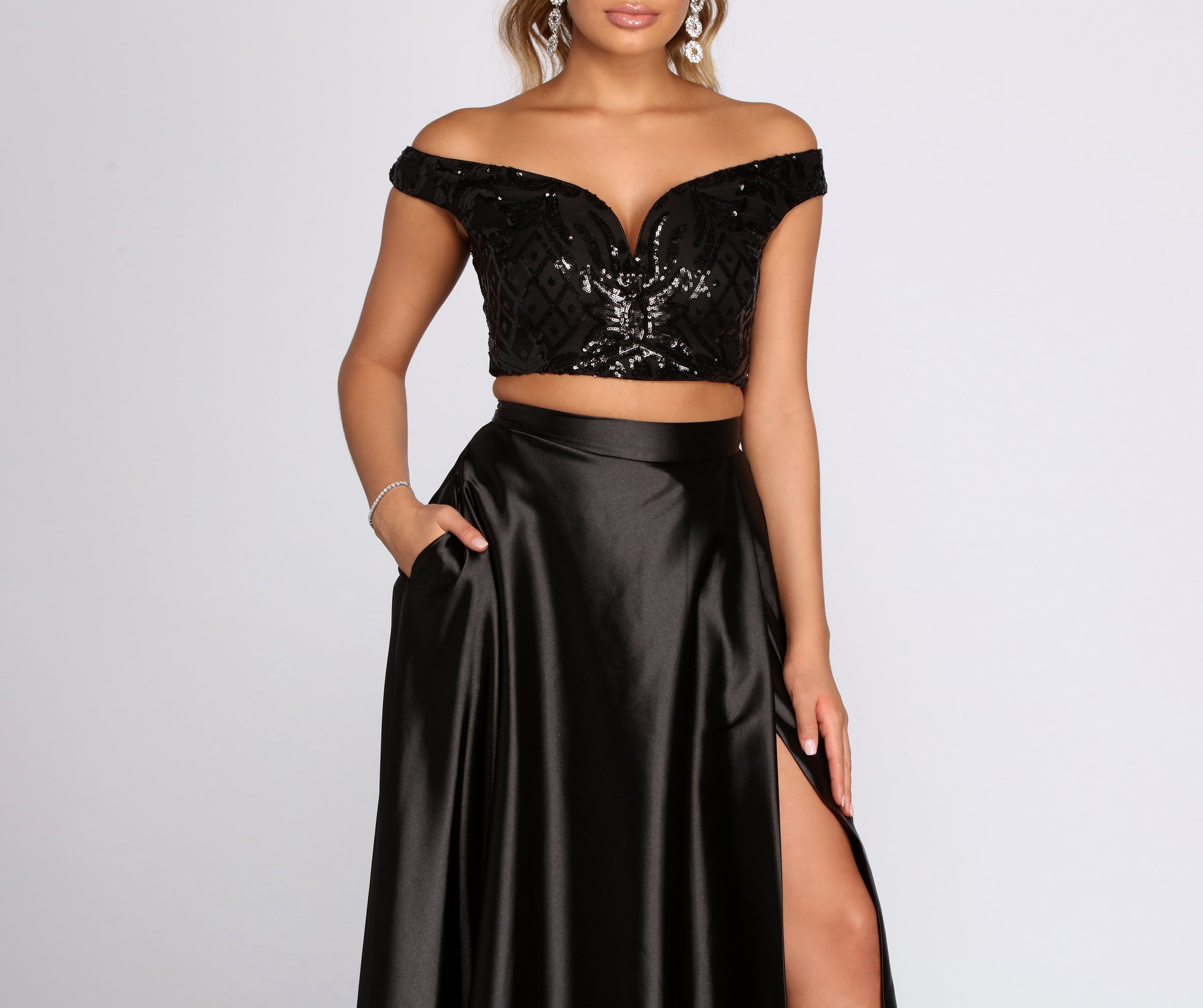 Estella Sequin Off Shoulder Two Piece Satin Dress