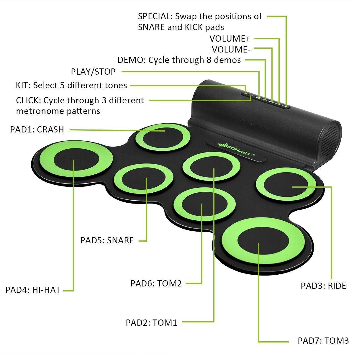 Costzon 7 Pads Electronic Drum Set, Portable Roll up MIDI Drum Practice Pad w/ Headphone (Green + Black)