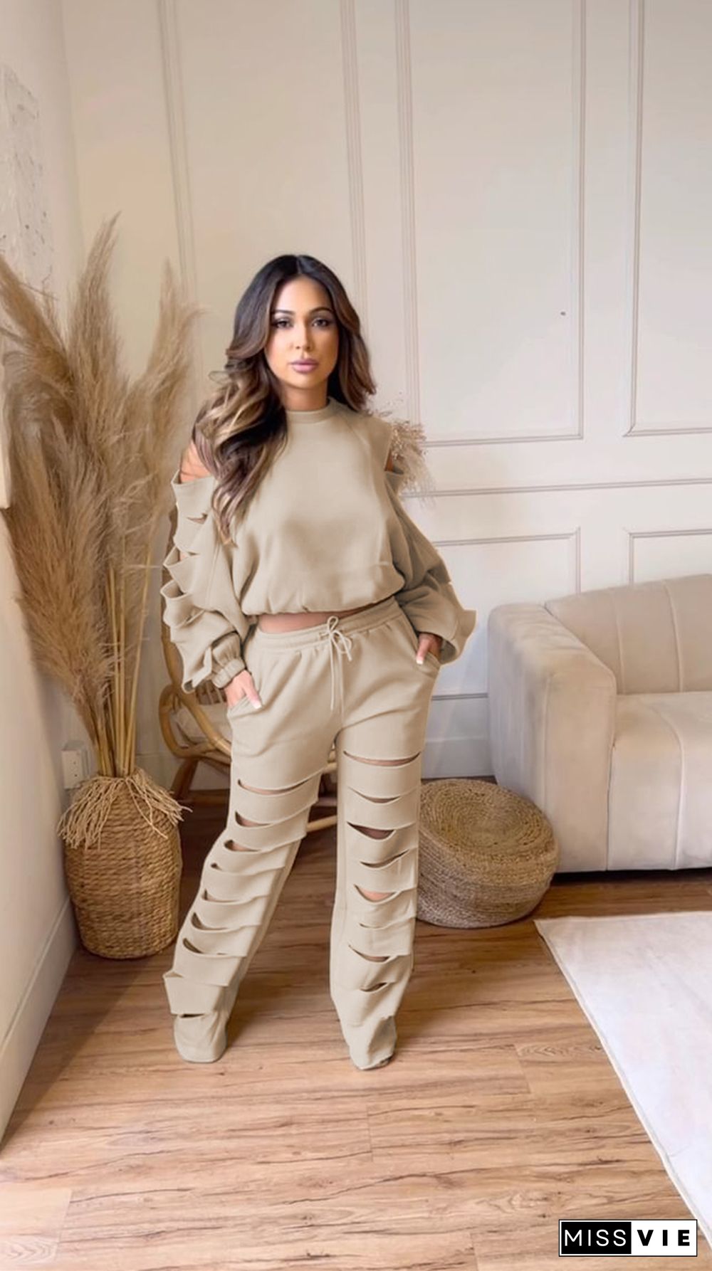 Cut Out Holes Long Sleeve T-shirt and Pants Outfits