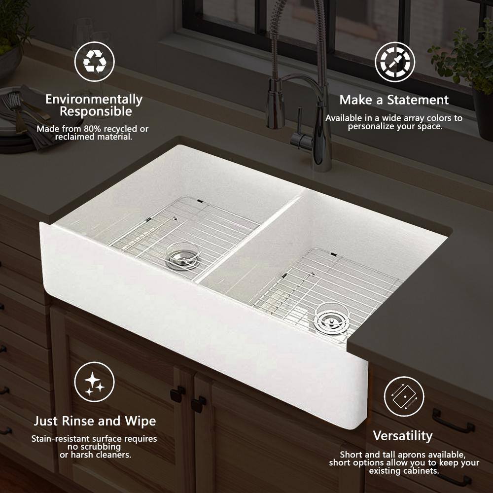 Interbath White Fireclay 32 in. Double Bowl Farmhouse Apron Kitchen Sink ITBDL322010D