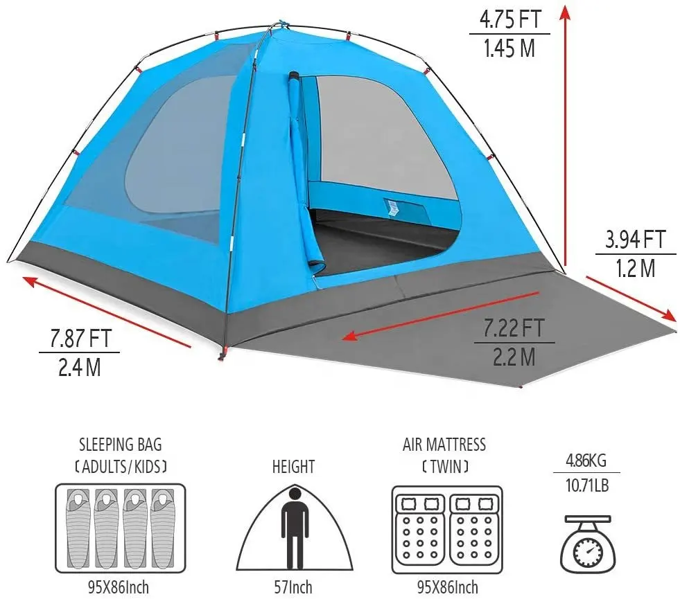 Family Outdoor Portable Windproof Uv Protection Tent 3 4 Person Fiberglass Pole Ultralight Camping Tent