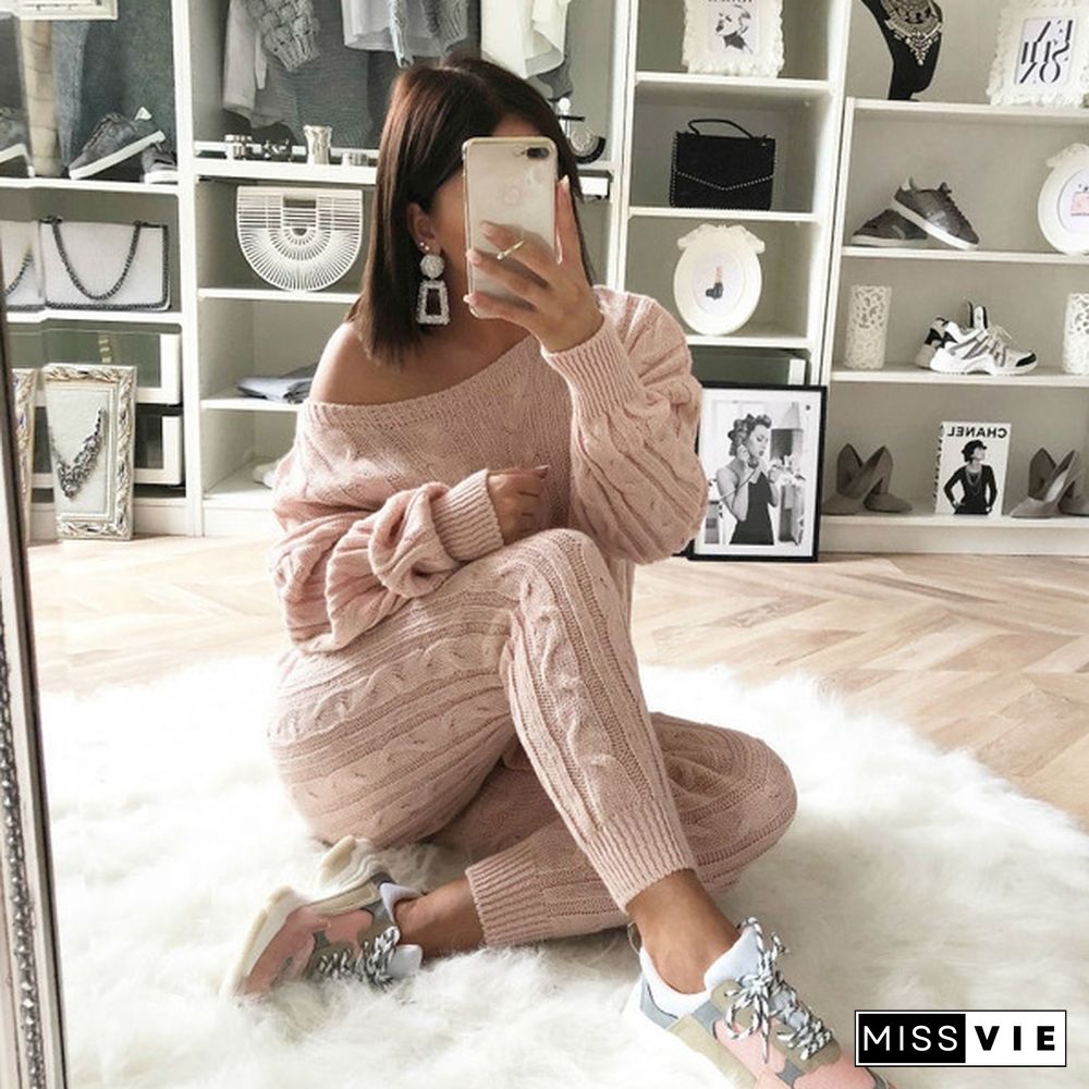 5 Colors 2Pcs Women Solid Sweater Suit And Sets Casual Knitted Sweaters Pants Woman Casual Knitted Trousers+Jumper Tops Clothing Set