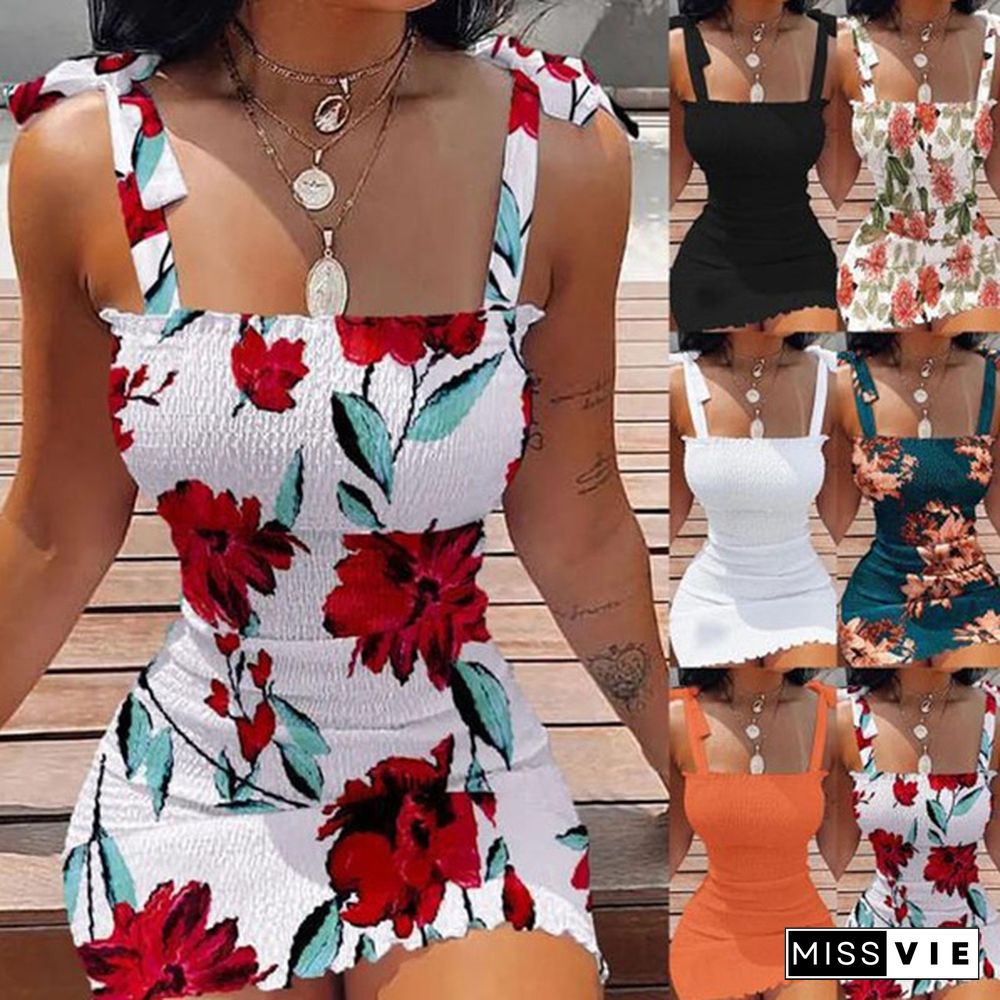 Plus Size Women Fashion Off Shoulder Sleeveless Smocked Bodycon Dress Women Strapless Mini Dresses Ladies Short Party Club Printing Dress