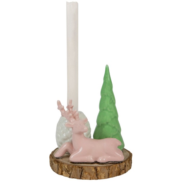 Pink Reindeer With Tree And Pine Cone Christmas Taper Candle Holder