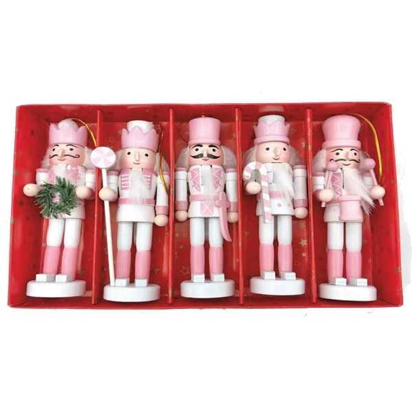 5 Pink and White Nutcrackers，Set of 5