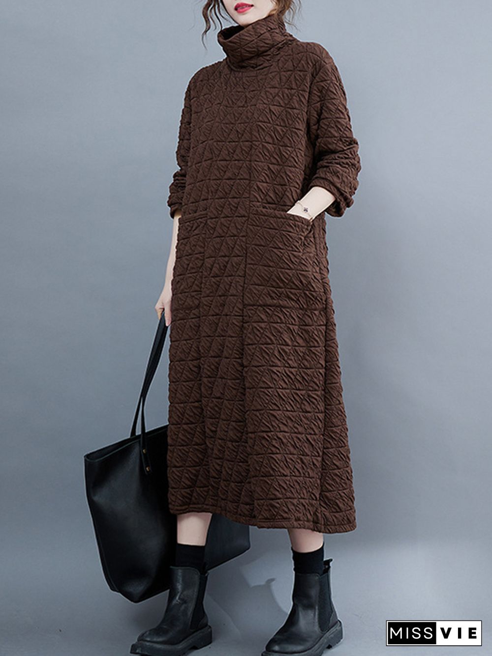 Casual Long Sleeves Loose Solid Color Textured High-Neck Cotton Padded Midi Dresses