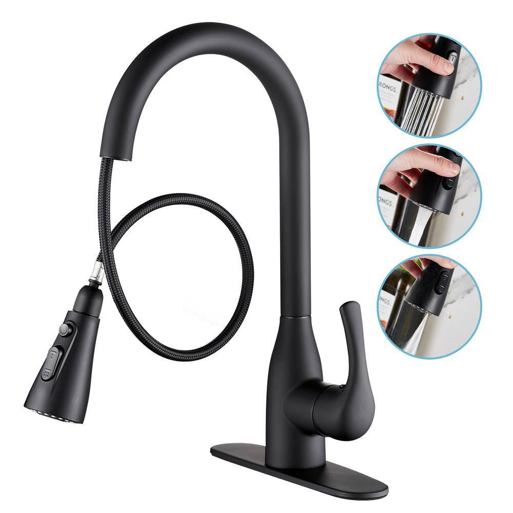 Zalerock Single Handle Pull Down Sprayer Kitchen Faucet with Deck Plate Included in Matte Black HLTHP0233