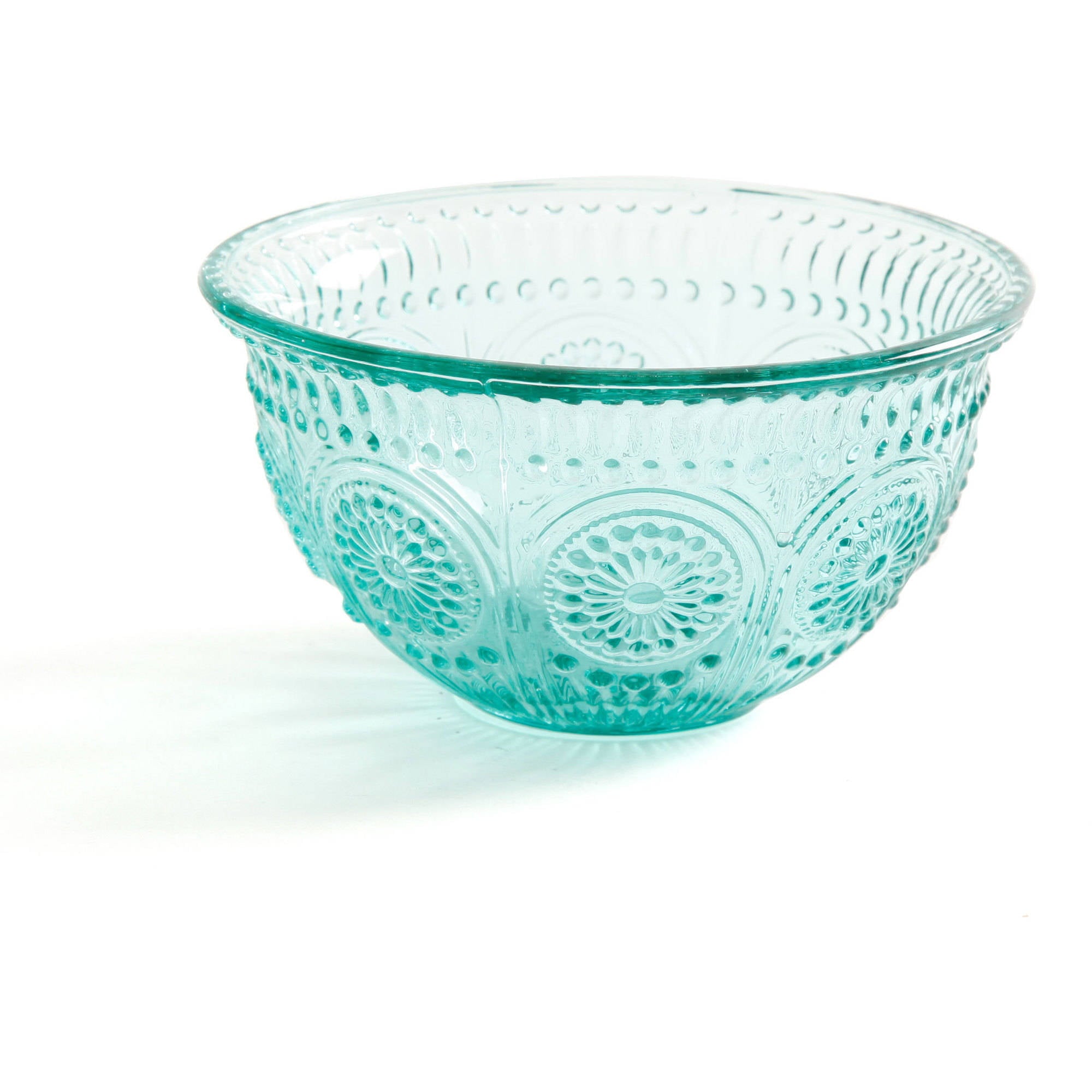 The Pioneer Woman Adeline 4-Piece 13-Ounce Embossed Glass Bowl Set， Teal