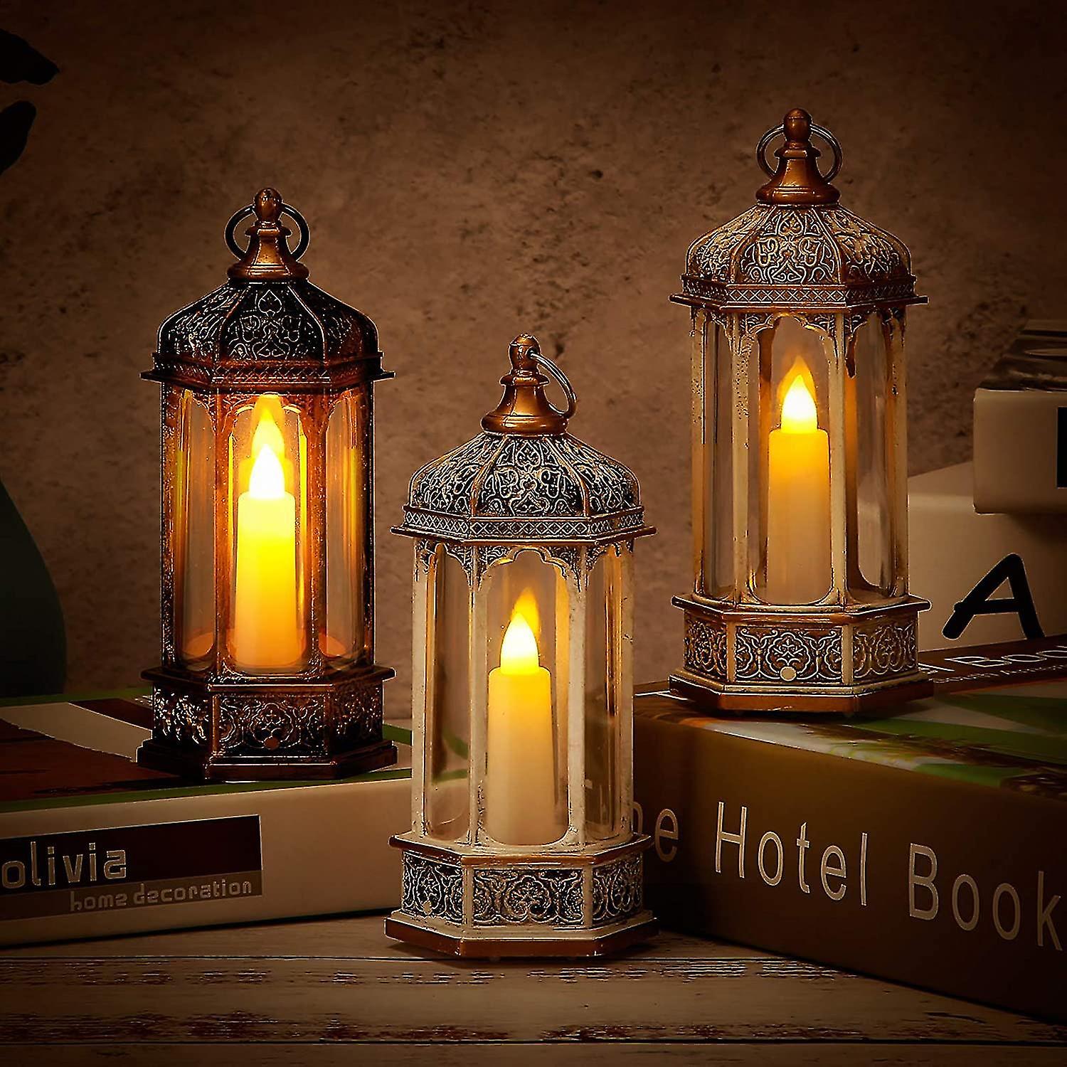 Hexagonal Candle Lantern With Lights， Set Of 3 Decorative Lanterns-6.1 Inch， Lanterns Decorativ