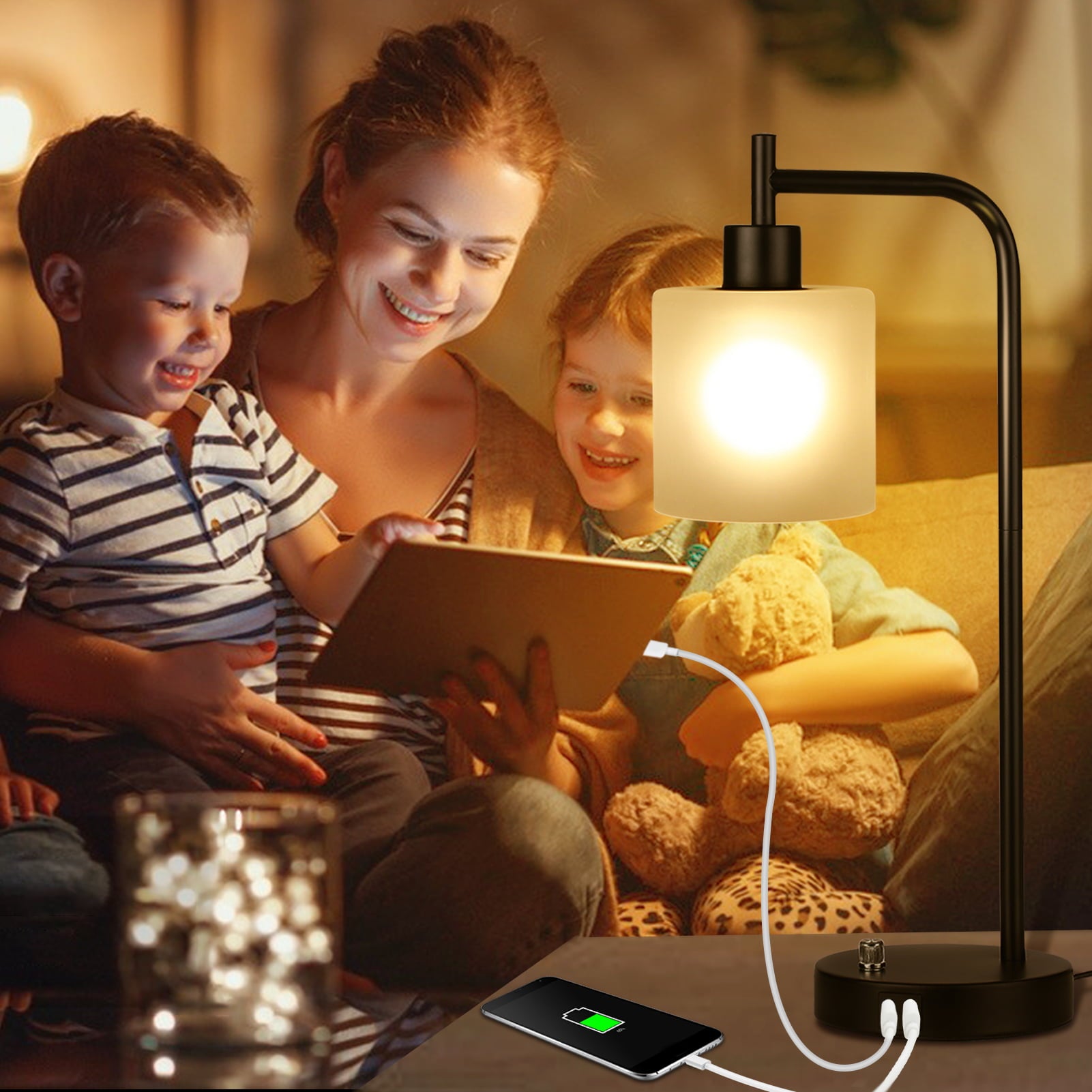 Tomshing Industrial Table Lamp, Stepless Dimmable Nightstand Lamp with 2 USB Ports Glass Shade Vintage Bedside Reading Desk Lamp for Living Room Bedroom Study