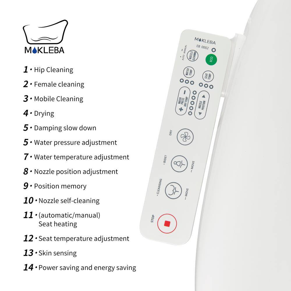 Mokleba Electric Heated Bidet Seat for Elongated Toilets in White with Memory Function BTMKEBCO002