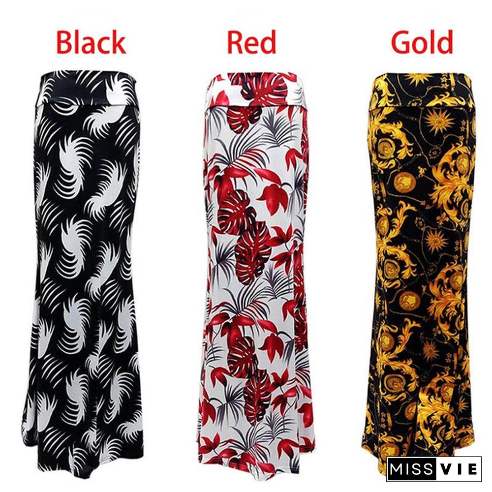 Women Summer Sexy Maxi Skirt Floral Print Patchwork Slim Casual Skirts Beach Party Long Dress
