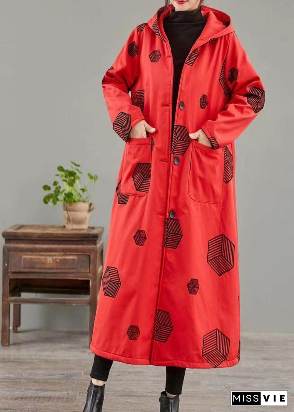 Red Pockets Print Patchwork Warm Fleece Hoodie Coat Winter