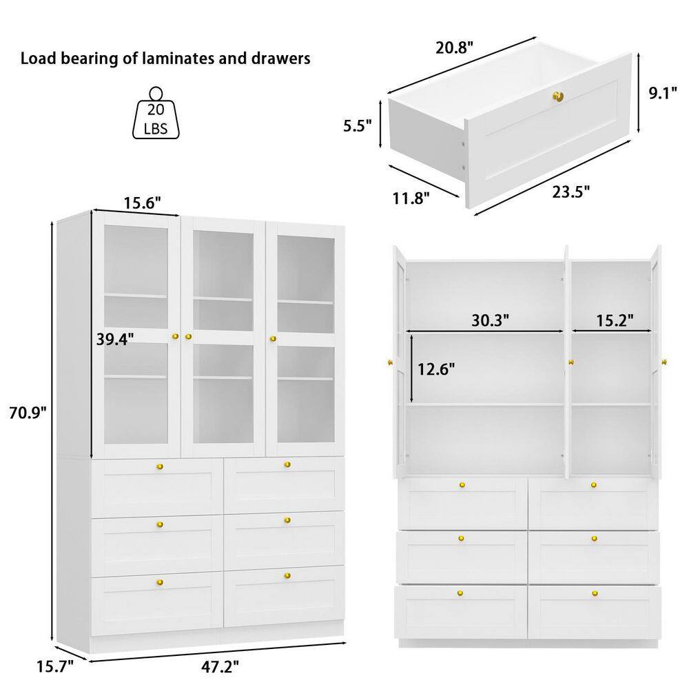 FUFUGAGA 47.2 in. W x 15.7 in. D x 70.9 in. H White Finish 6-Shelf Wood Standard Bookcase Bookshelf With 3-Door and 6-Drawers KF020260-012