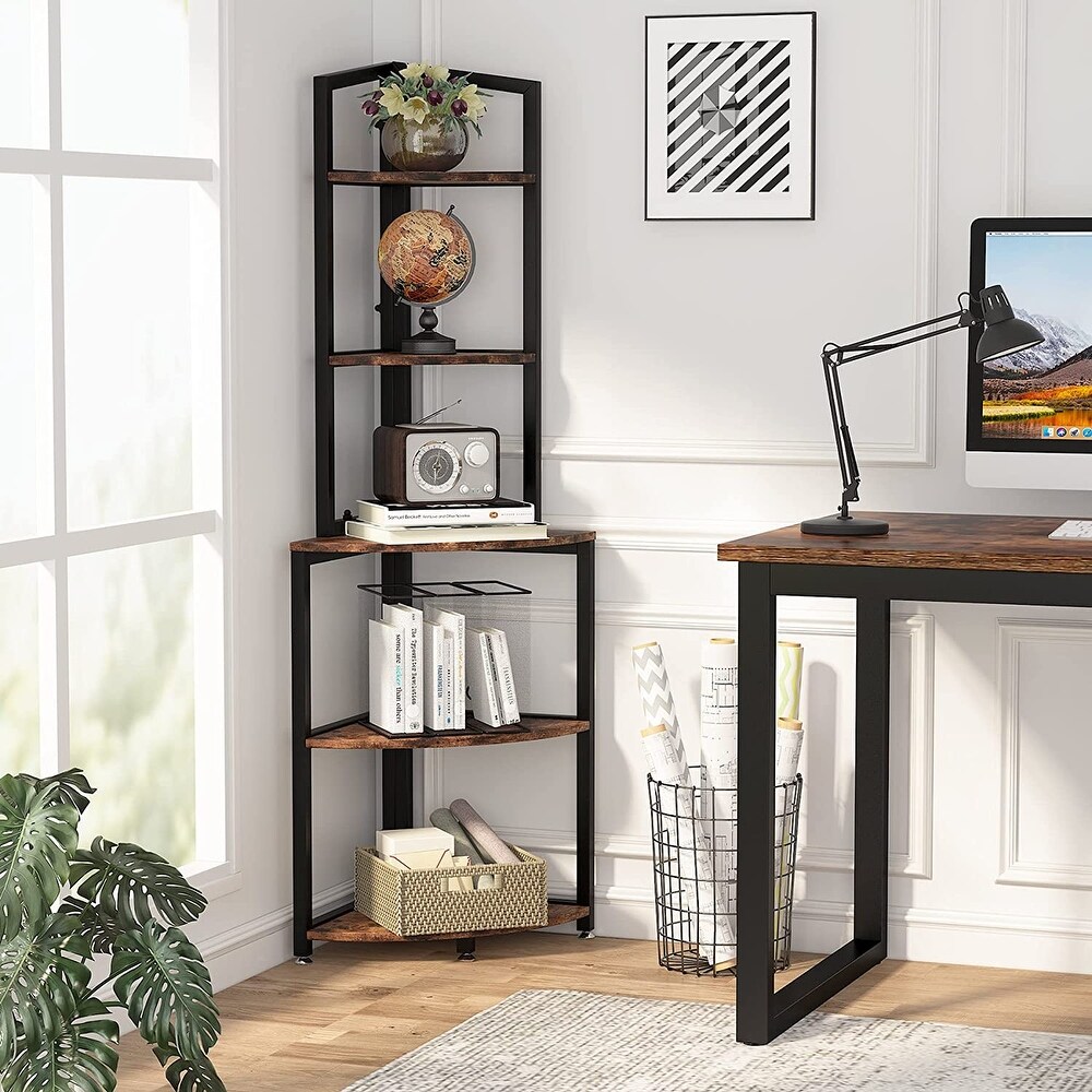 60 Inch Tall Corner Shelf  5 Tier Small Bookcase  Industrial Plant Stand for Living Room  Bedroom  Home Office