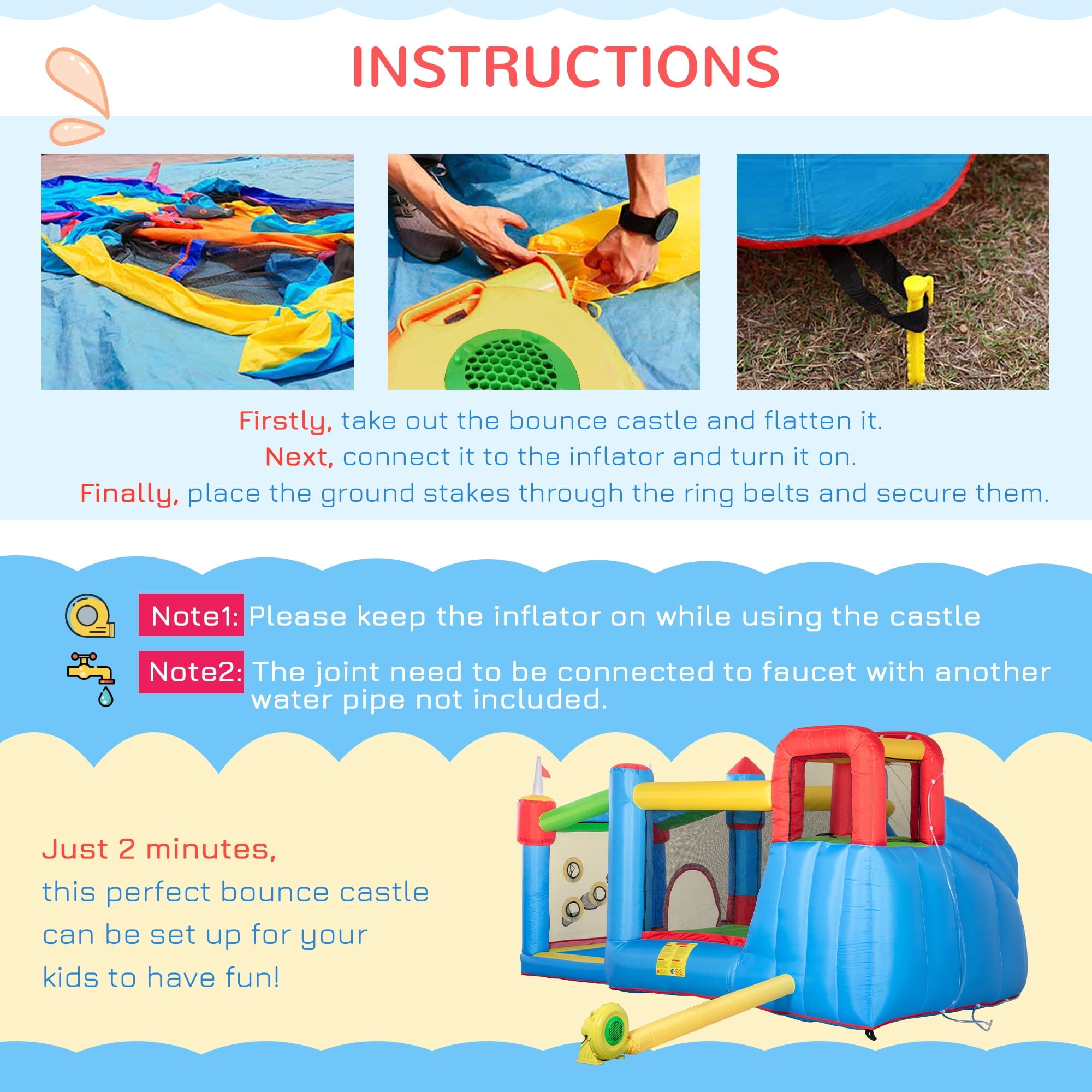 Outsunny 6-in-1 Inflatable Water Slide, Kids Water Park Castle Bounce House Includes Slide, Trampoline, Pool, Cannon, Climbing Wall, Throwing Wall with Carry Bag, Repair Patches, 450W Air Blower