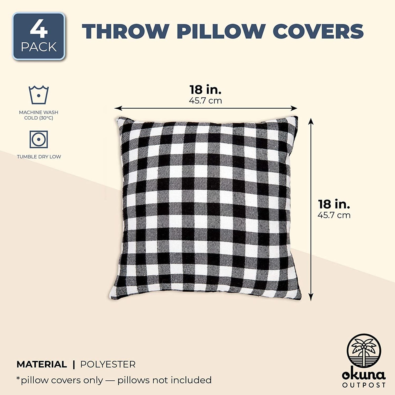 Set of 4 Black Plaid Decorative Throw Pillow Covers Cushion Case Protector 18 x 18 Square