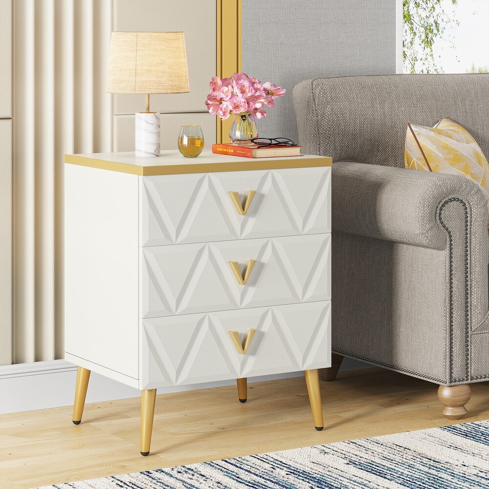 Modern 3 Drawer Nightstand  White Gold Sofa End Table Bedside Table with Storage