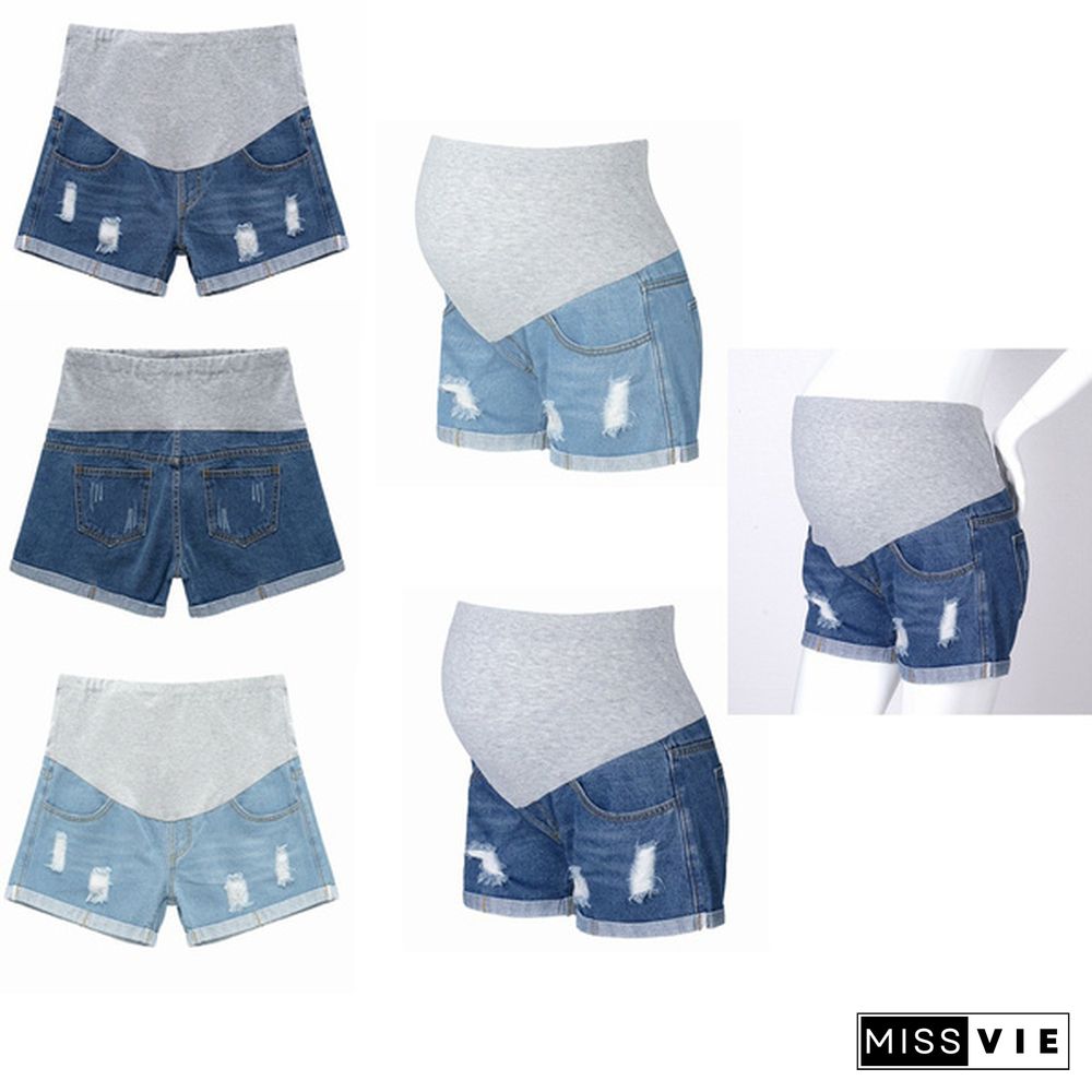 Maternity Shorts for Pregnant Women Denim Shorts Pregnancy Low Waist Loose Ripped Denim Shorts