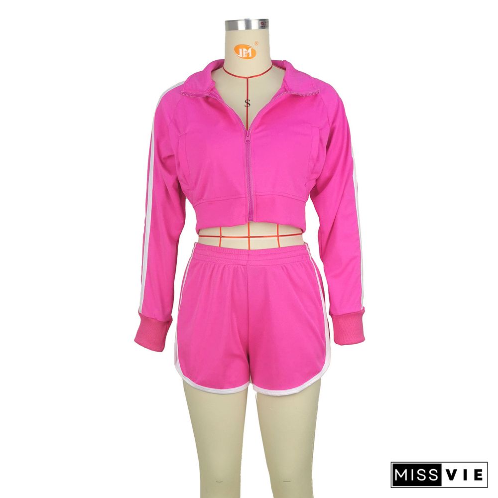 Sportswear Zipper Jacket Crop Top and Shorts Suit