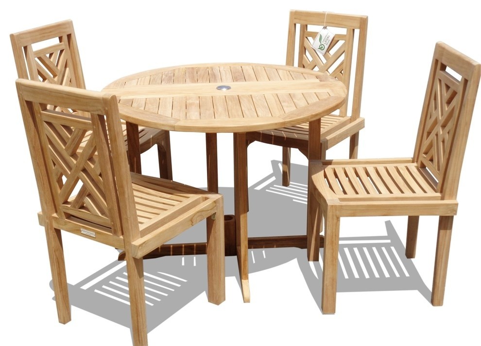 Genuine Grade A Teak  39 quotDrop Leaf Table With 4 Chippendale Stacking Chairs   Traditional   Outdoor Dining Sets   by Windsor Teak Furniture  Houzz