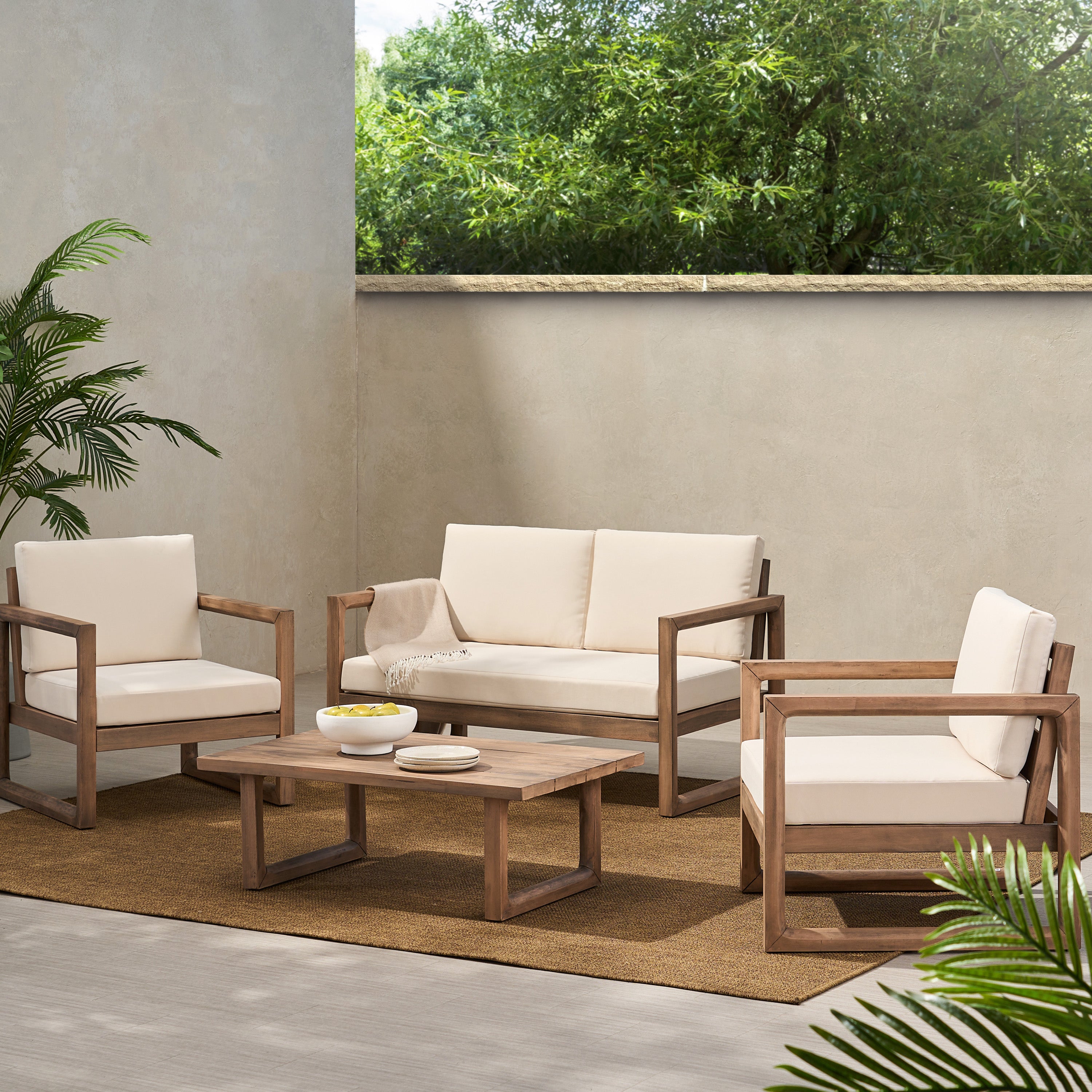 Petteti Outdoor Acacia Wood Chat Set with Cushions, Brown and Beige