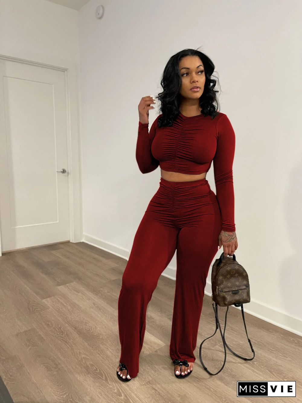 Casual Pleated Crop Top Wide Leg Pants Set