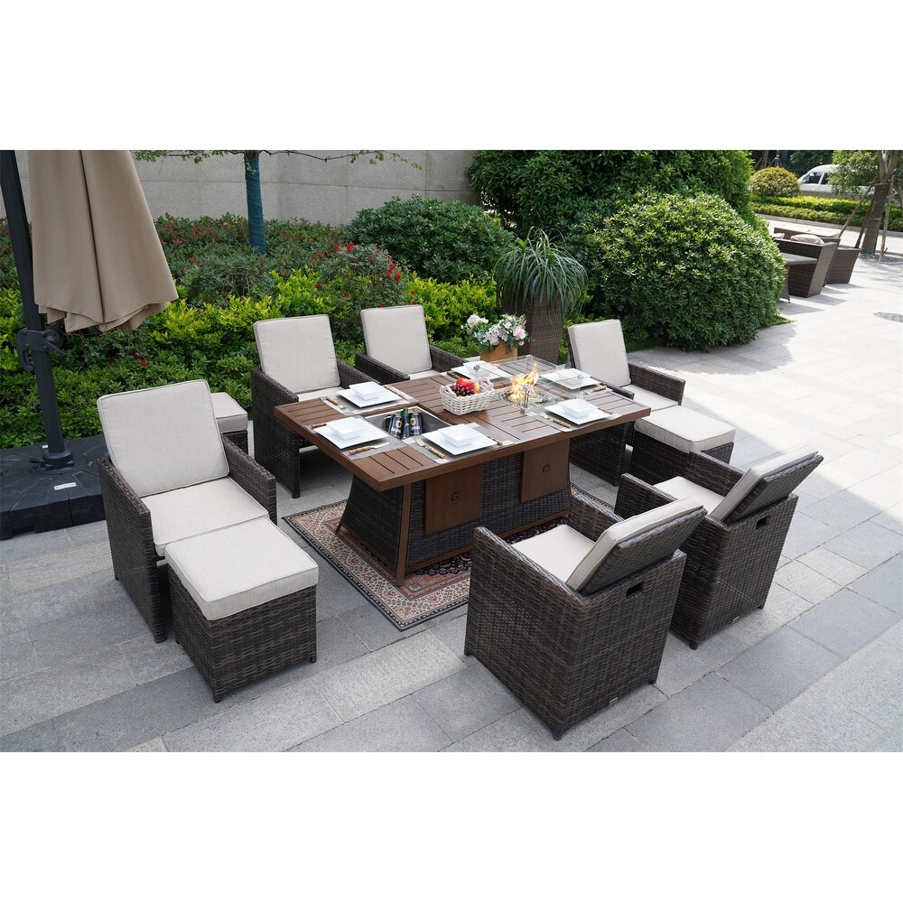 Brown Garden Patio Rectangular Dining Set With Gas Firepit And Ice Bucket and Ottomans