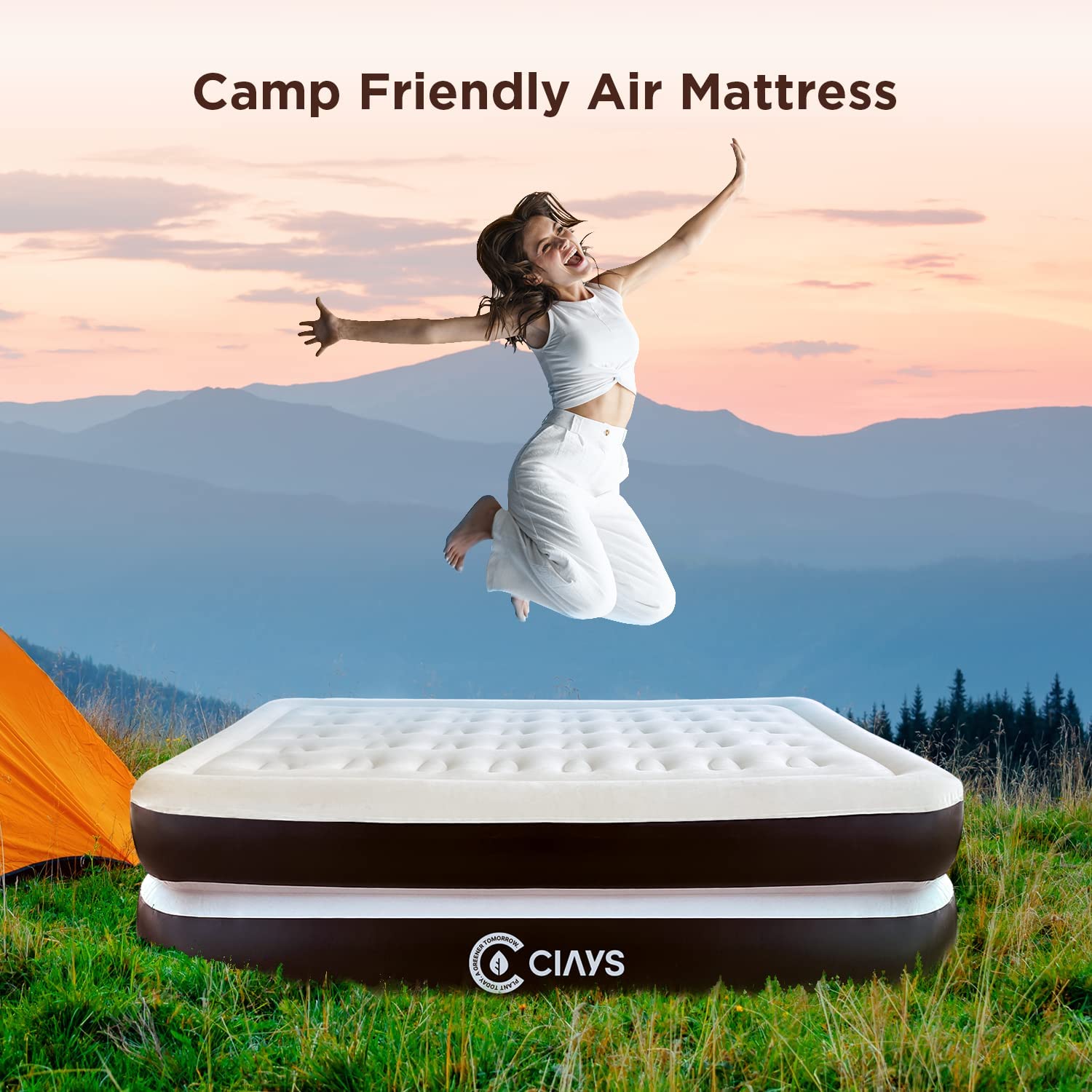 16 Inch Inflatable Air Mattress with Built-in Pump， Flocked Top Air Bed with Carrying Bag for Home Camping Travel， 330lb Max，Twin