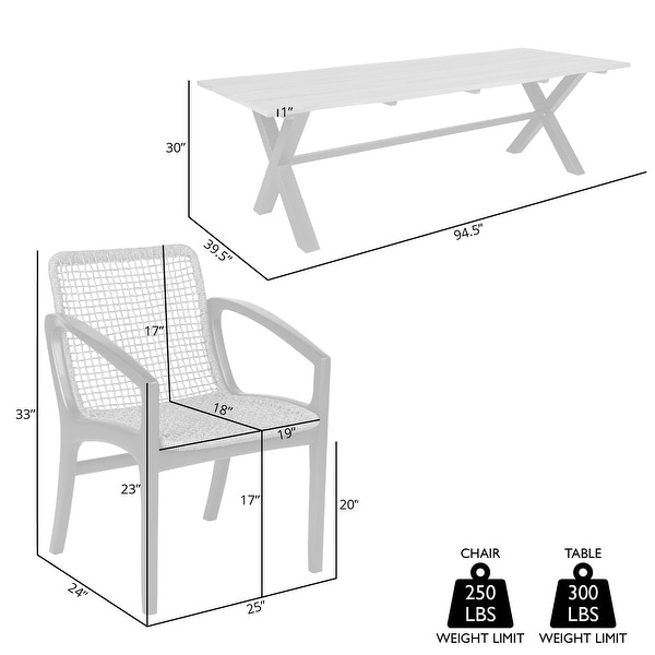 Glendora Beckham Outdoor Patio 7 Piece Live Edge Dining Set in Eucalyptus Wood and Gray Rope