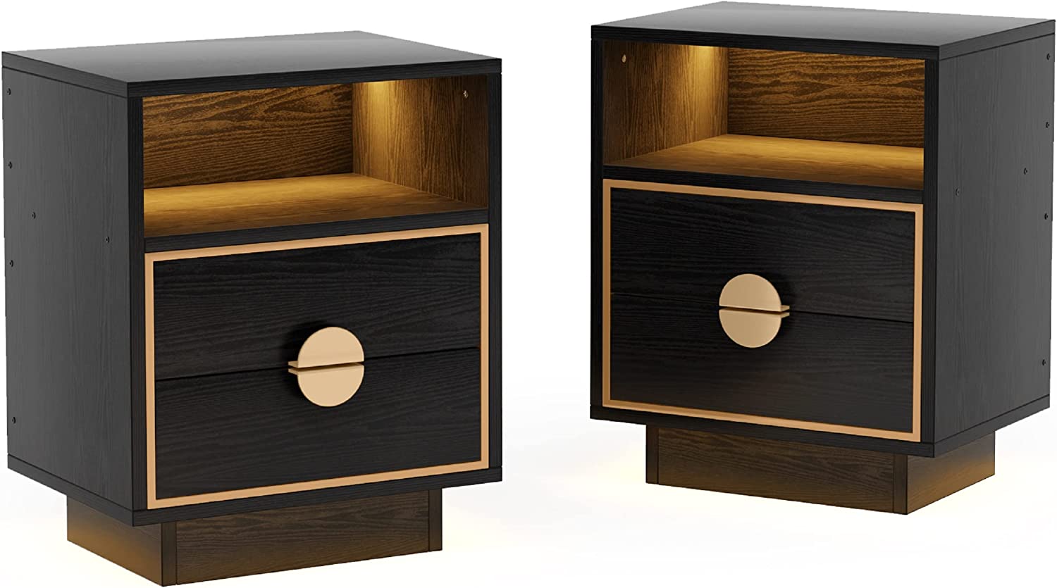 Tribesigns Led Sofa End Tables with 2 Drawers, Wood Bedside Table, Nightstand with LED Lights, Black