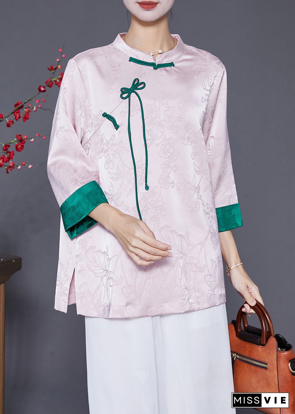 Chinese Style Pink Jacquard Patchwork Bow Silk Shirt Tops Bracelet Sleeve