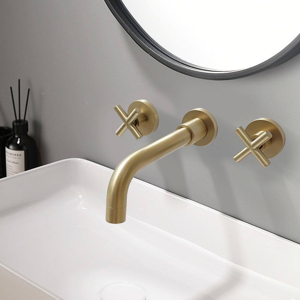 UPIKER Modern Double Handle Wall Mounted Bathroom Faucet with 3 Holes Brass Rough-in Valve in Brushed Gold UP2301SFG0001