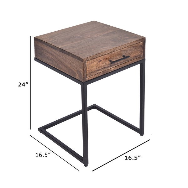 Brown and Black Mango Wood Side Table with Drawer and Cantilever Iron Base