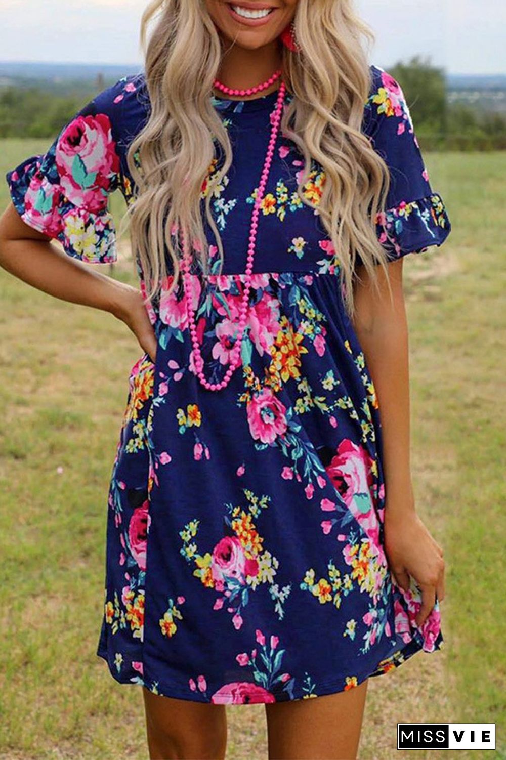 Floral Print Short Sleeve Midi Dress