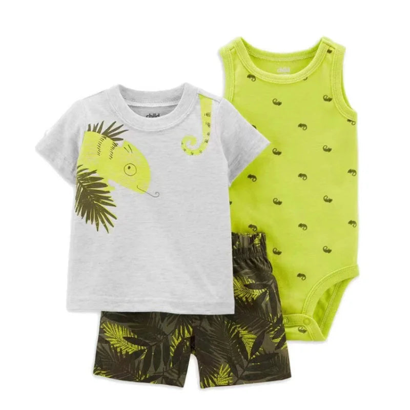 Summer Newborn Baby Boy Set 6-24M Cute Cartoon Dinosaur Cotton Clothing Short Sleeve+Shorts+jumpsuit Infant Clothes 3Pcs Outfits