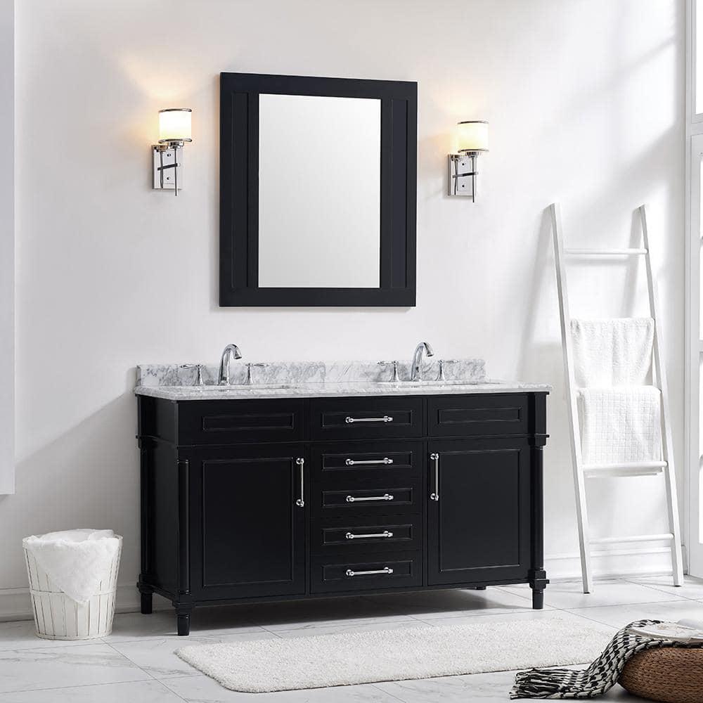 Home Decorators Collection Aberdeen 60 in W x 22 in D x 345 in H Bath Vanity in Black with White Carrara Marble Top