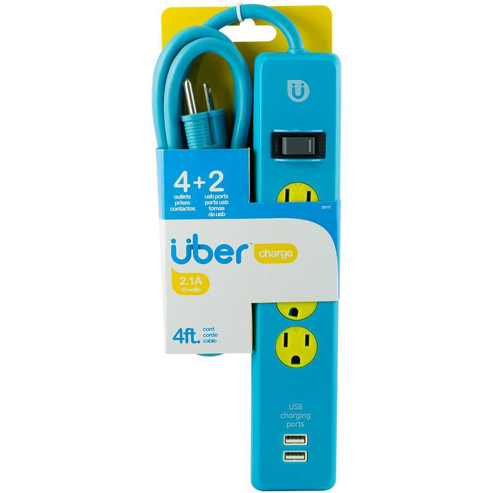 Uber 4 ft. 4-Outlet and 2 2.1 Amp USB Port Power Strip Blue 25117