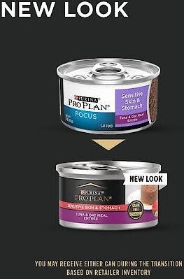 Purina Pro Plan Focus Sensitive Skin and Stomach Tuna and Oat Meal Entree Canned Cat Food， 3-oz can， case of 24